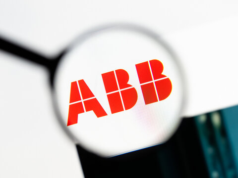 Milan, Italy 2026, 15 AGO Closeup of abb com website page on a laptop screen. Focus on abb com logo under a magnifying glass.