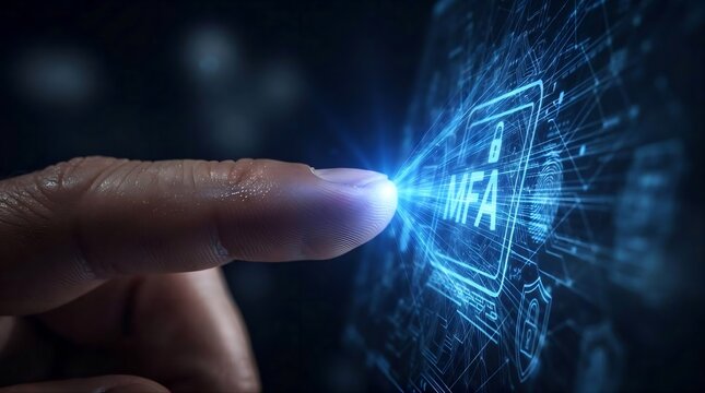 Finger touching digital screen with multi factor authentication interface with interacts glowing digital interface with human finger