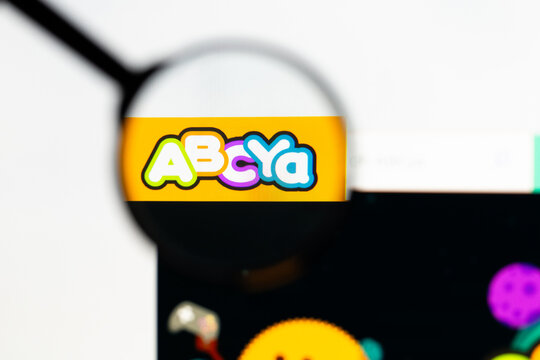 Milan, Italy 2026, 15 AGO Closeup of abcya com website page on a laptop screen. Focus on abcya com logo under a magnifying glass.