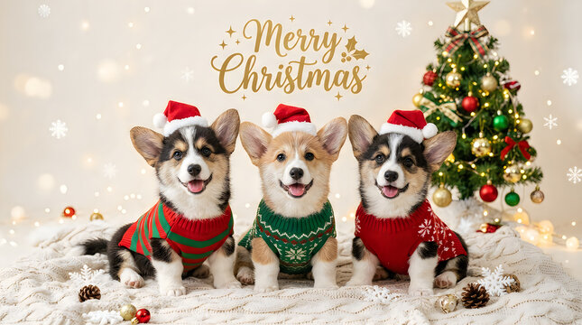 Three corgis wearing santa hats celebrate christmas together