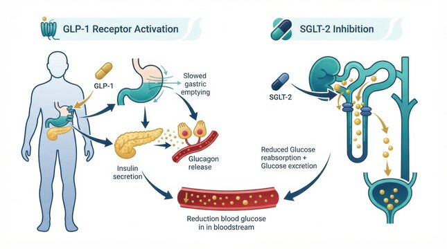 How GLP-1 and SGLT-2 work in diabetes management by highlighting insulin secretion and glucose reduction methods.