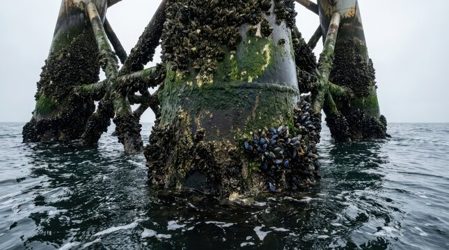 Close-up barnacled wind turbine foundation in sea with rust and algae for industrial texture background and environmental energy design and research