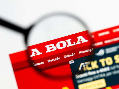 Milan, Italy 2026, 15 AGO Closeup of abola pt website page on a laptop screen. Focus on abola pt logo under a magnifying glass.