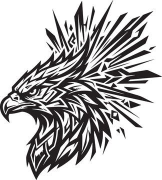 Aggressive eagle head profile with jagged geometric plumage and explosive starburst in black and white ink style on white background