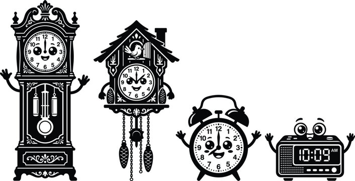 Cute kawaii cartoon clocks set with grandfather clock, cuckoo clock, alarm clock, and digital clock vector illustration