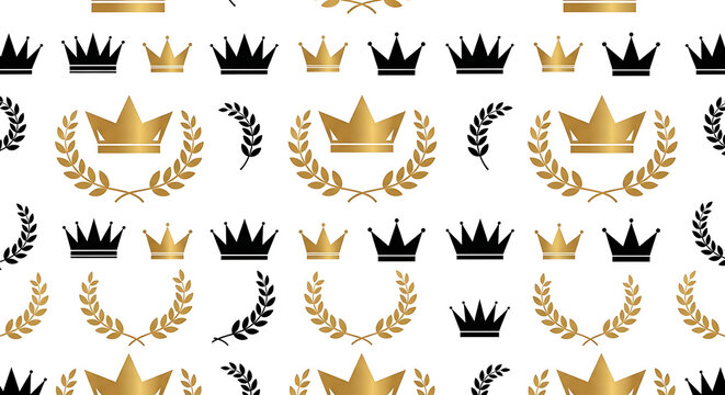 Crown Wreath Seamless Pattern of Elegant Gold and Black Royal Crowns and Laurel Wreaths Arranged on a Clean White Background for Celebration and