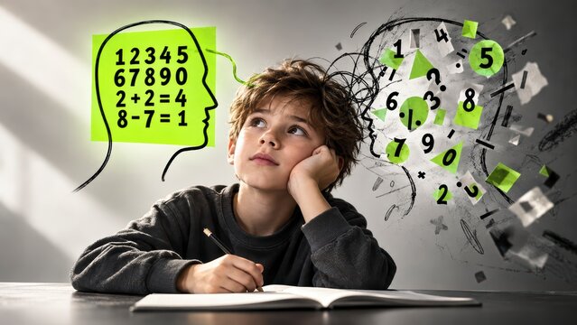 Young Student's Mathematical Mind: A thoughtful young boy is pictured deep in thought, surrounded by a whirlwind of mathematical symbols and equations.
