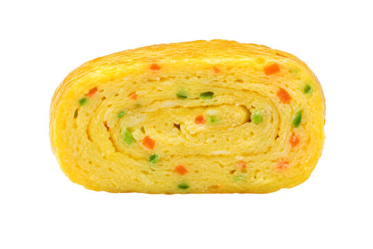 Korean gyeran mari rolled omelet slice with tight bright-yellow spiral Isolated on White Background