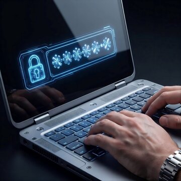 Person typing on laptop with digital password with person types laptop keyboard displaying glowing digital security padlock password entry field