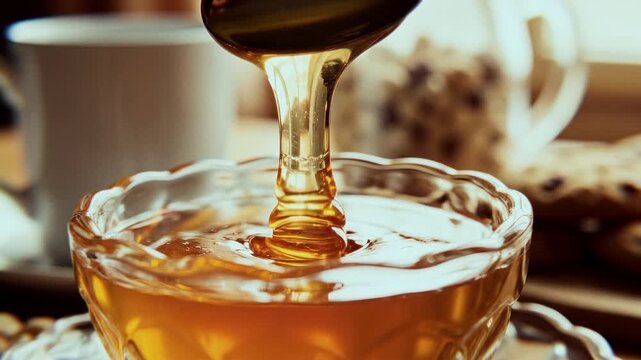 Close-up of honey being poured into a glass jar for breakfast