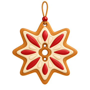 Decorative star shaped gingerbread cookie christmas ornament isolated on transparent background