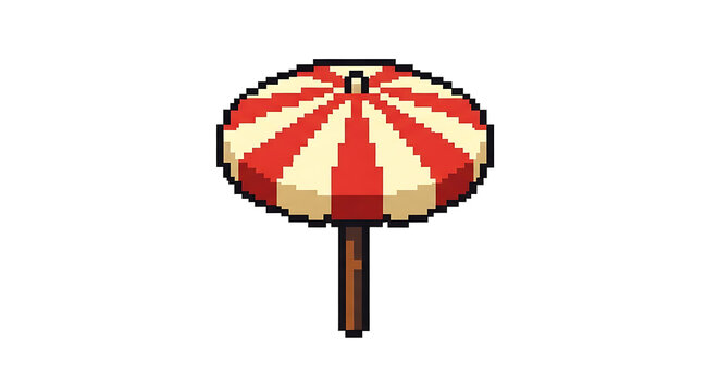 Retro Pixel Art Illustration of a Red and White Striped Beach Umbrella Parasol Isolated on a White Background for Summer Vacation Design