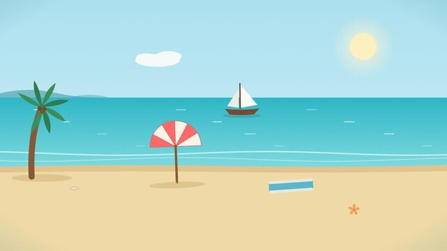 Tropical beach animation with swaying palm tree sailboat turquoise sea beach umbrella rolling waves and bright sunshine flat travel landscape