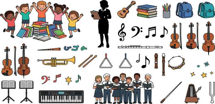 School music class vector elements set with instruments choir kids and teacher silhouette