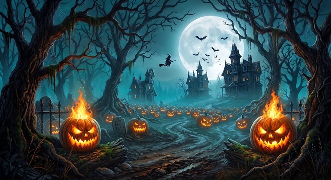 Spooky Halloween landscape with flaming jack o lanterns, glowing pumpkin patch in eerie dark forest night, haunted castle full moon background
