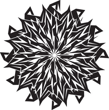 Symmetrical black and white geometric mandala with sharp angular zig-zag edges and a complex repeating star-like pattern on white background