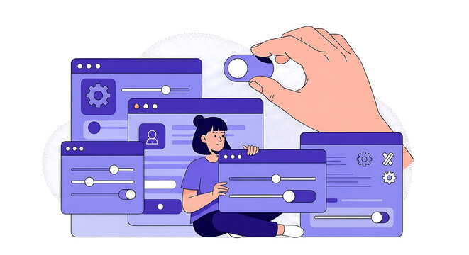 Illustration Woman Window Female Software Developer Sitting Among Floating Digital Dashboard Windows and User Interface Panels While a Large