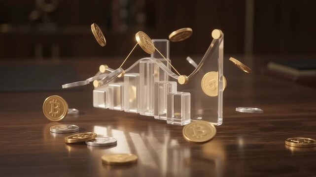Digital Financial Growth Visualized with Floating Gold Coins and Transparent Glass Bar Charts on a Polished Wooden Executive Office Desk