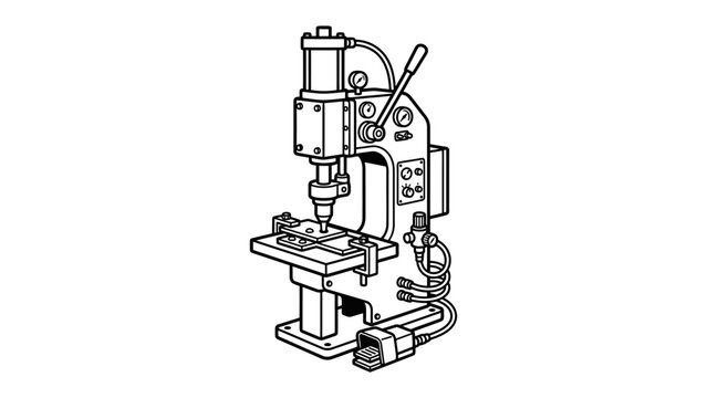 Industrial Riveting Machine: A detailed line drawing of an industrial riveting machine, highlighting its mechanical components and operational readiness in a factory setting.