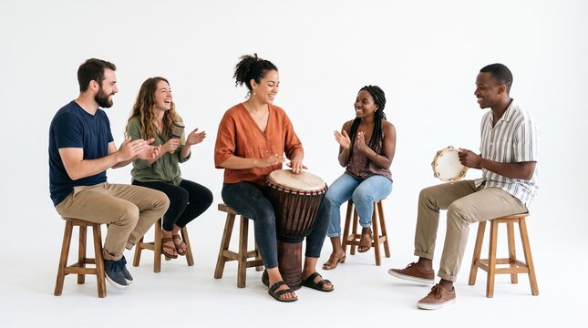 Diverse group of friends enjoying a music jam session playing drums and percussion instruments together