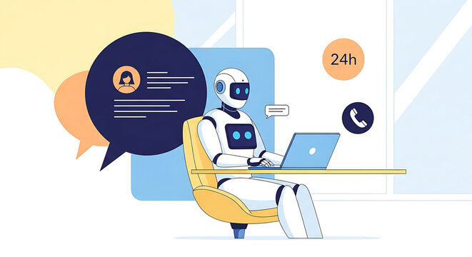 Bot Flat Vector Illustration of a Humanoid Robot Sitting at a Desk Using a Laptop for 247 Online Customer Support and Automated Chat Service