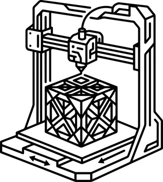 Minimalist 3D printer line art, industrial additive manufacturing machine, geometric cube prototype on printing bed, technical engineering icon