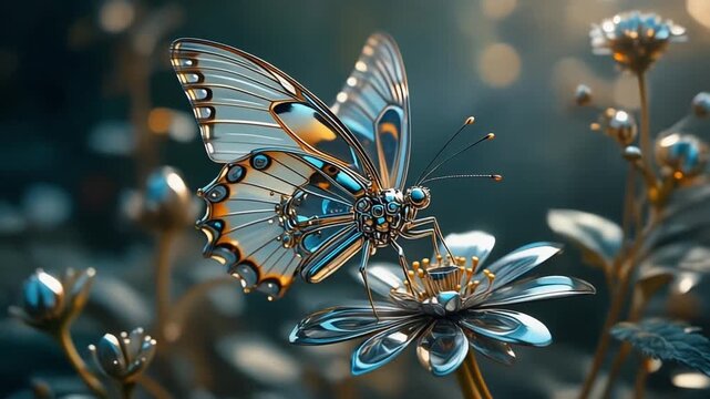 A shimmering, iridescent butterfly with intricate wing patterns gracefully rests upon a metallic bloom, surrounded by soft, glowing bokeh and delicate floral elements, evoking a sense