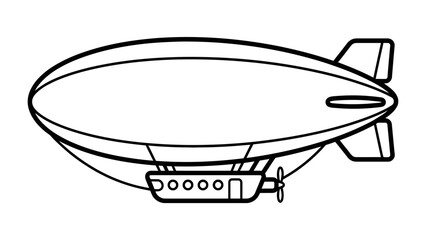 Airship Illustration: A simple, clean line drawing of an airship, also known as a blimp or zeppelin, viewed from the side, showcasing its distinctive elongated shape and propeller. © Ahsan