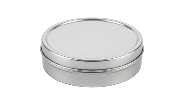 Empty round silver metal tin container for cosmetics or food