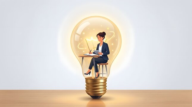 Inside a large illuminated light bulb  a professionally dressed person is seated at a miniature table  actively writing and using a digital device
