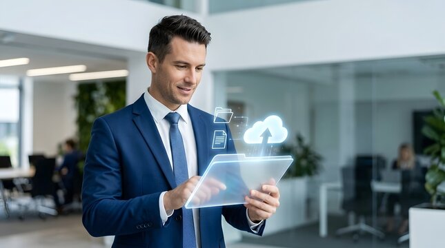 Man dressed in business attire holds a digital device displaying floating graphical elements representing data upload to the cloud within a modern open plan workspace