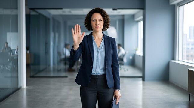 A businesswoman with short curly hair  wearing a navy suit jacket over a light blue blouse and dark trousers