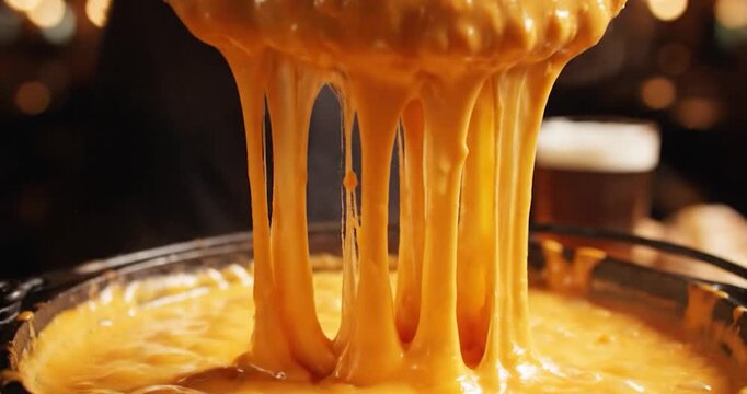 Hand dipping salted pretzel into hot melted cheddar cheese sauce