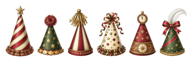 Fototapeta premium PNG Vintage Christmas party hats collection with festive holiday decorations