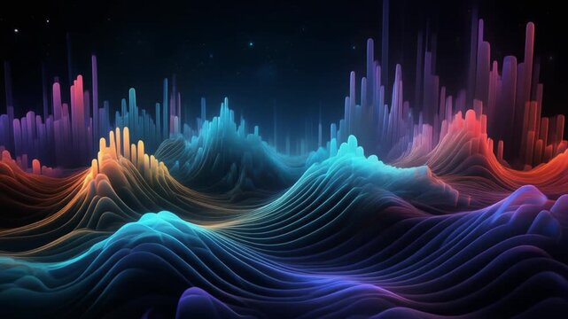 Abstract luminous energy waves undulate across a dark cosmos, showcasing a vibrant spectrum of neon hues and creating a mesmerizing visual symphony of futuristic soundscape artistry