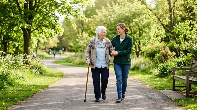 Two women walk together along a paved pathway in a lush green park  surrounded by trees and flowering plants under bright sunlight