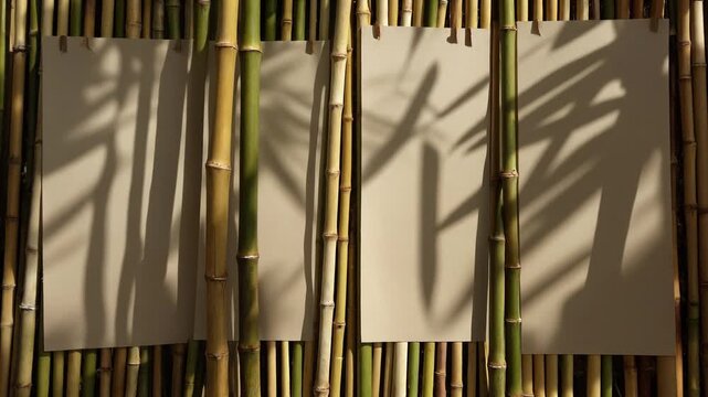 Sunlight casts dramatic palm frond shadows across two blank paper panels delicately arranged against a textured backdrop of natural bamboo stalks, evoking a serene outdoor ambiance perfect