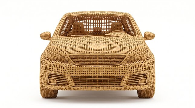 Compact car made of woven bamboo with interior detail, front angle