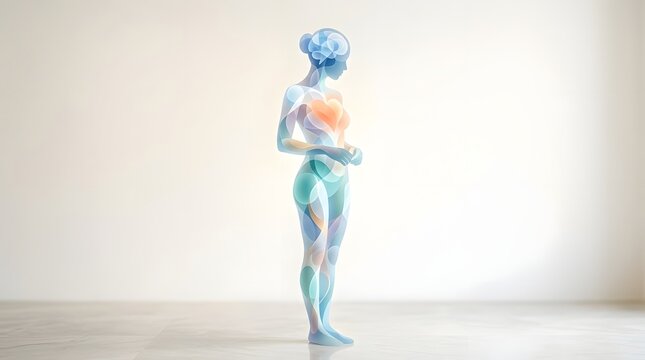 An abstract human silhouette composed of overlapping semi transparent circles in shades of blue and orange  positioned upright on a light floor with a neutral backdrop