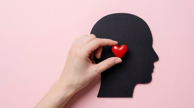 A human hand carefully inserts a glossy red heart shaped item into the frontal area of a flat  black paper head shape on a soft pink surface