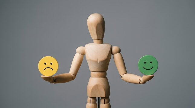 Wooden figure with articulated arms holding two circular emotion icons   one yellow frowning  one green smiling   against a plain gray background