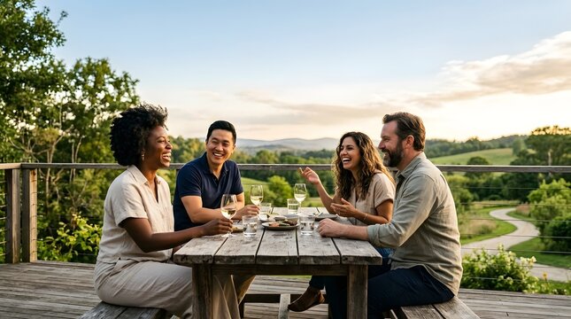 A group of four adults seated around a rustic wooden table  sharing food and drinks while laughing  overlooking rolling green hills under a soft evening sky