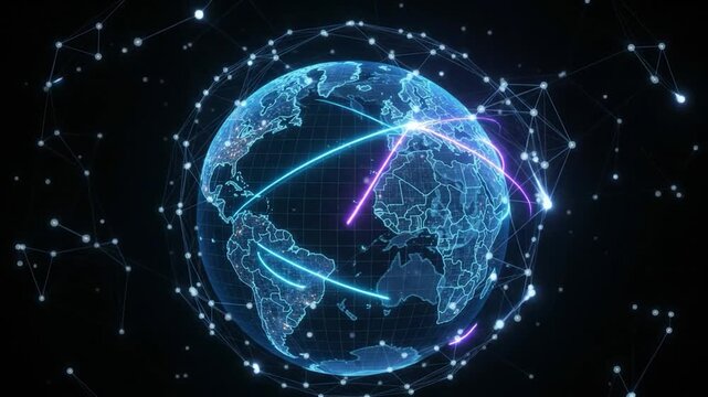 光のラインでつながるデジタルホログラムの地球、グローバルネットワークと世界の通信を表すテクノロジー背景アニメーション