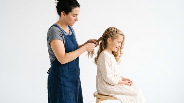 Mother braiding her daughter's blonde hair with a French braid style against a white background