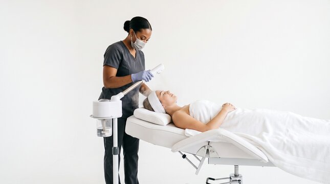 Skincare professional using a facial steamer on a client lying on a treatment bed in a bright studio