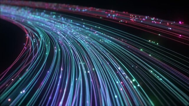 Abstract flowing lines of vibrant multicolored light trails illuminate a dark expanse, suggesting rapid data transmission and futuristic technological pathways