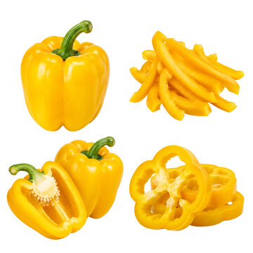 Fresh Yellow Bell Pepper, Sliced Capsicum, Pepper Rings and Julienne Yellow Pepper Strips Isolated on Transparent Background
