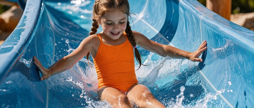 Happy little girl with braided hair wearing an orange swimsuit sliding down a blue water slide at a summer water park