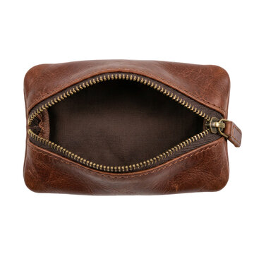 Brown Leather Coin Purse Open Zipper Close-up Top View Photo-realistic
