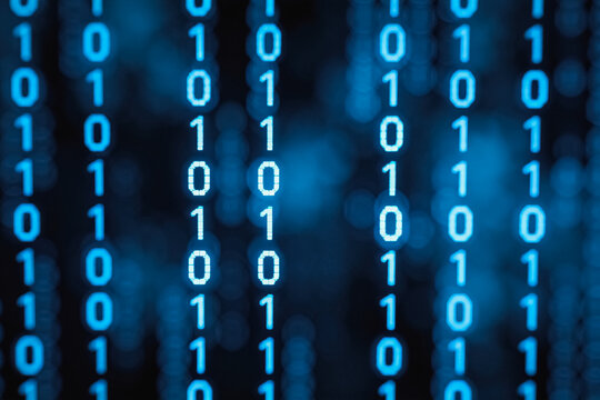 Glowing blue binary code arranged in a digital matrix, representing data and modern technology.